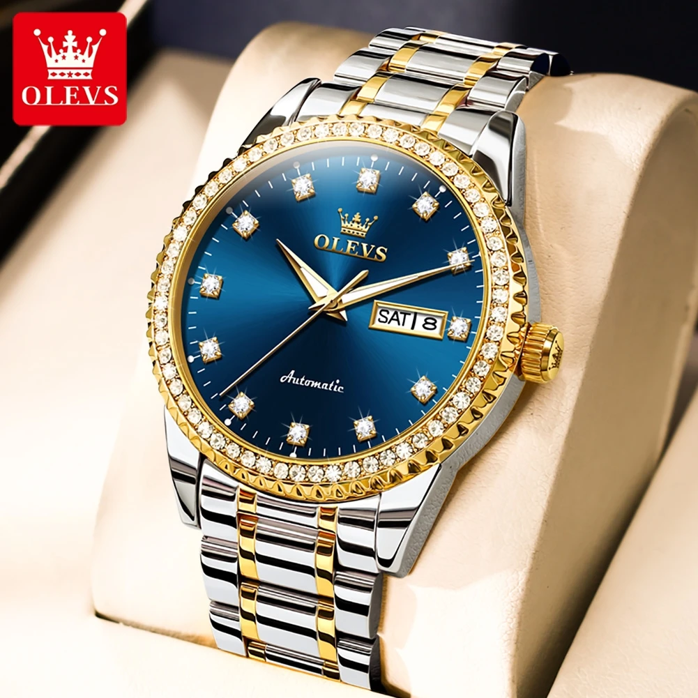 

OLEVS Fashion Luxury Mechanical Wristwatch for Man and Women Diamond Dial Date Week Watch Couple Watches Waterproof Luminous