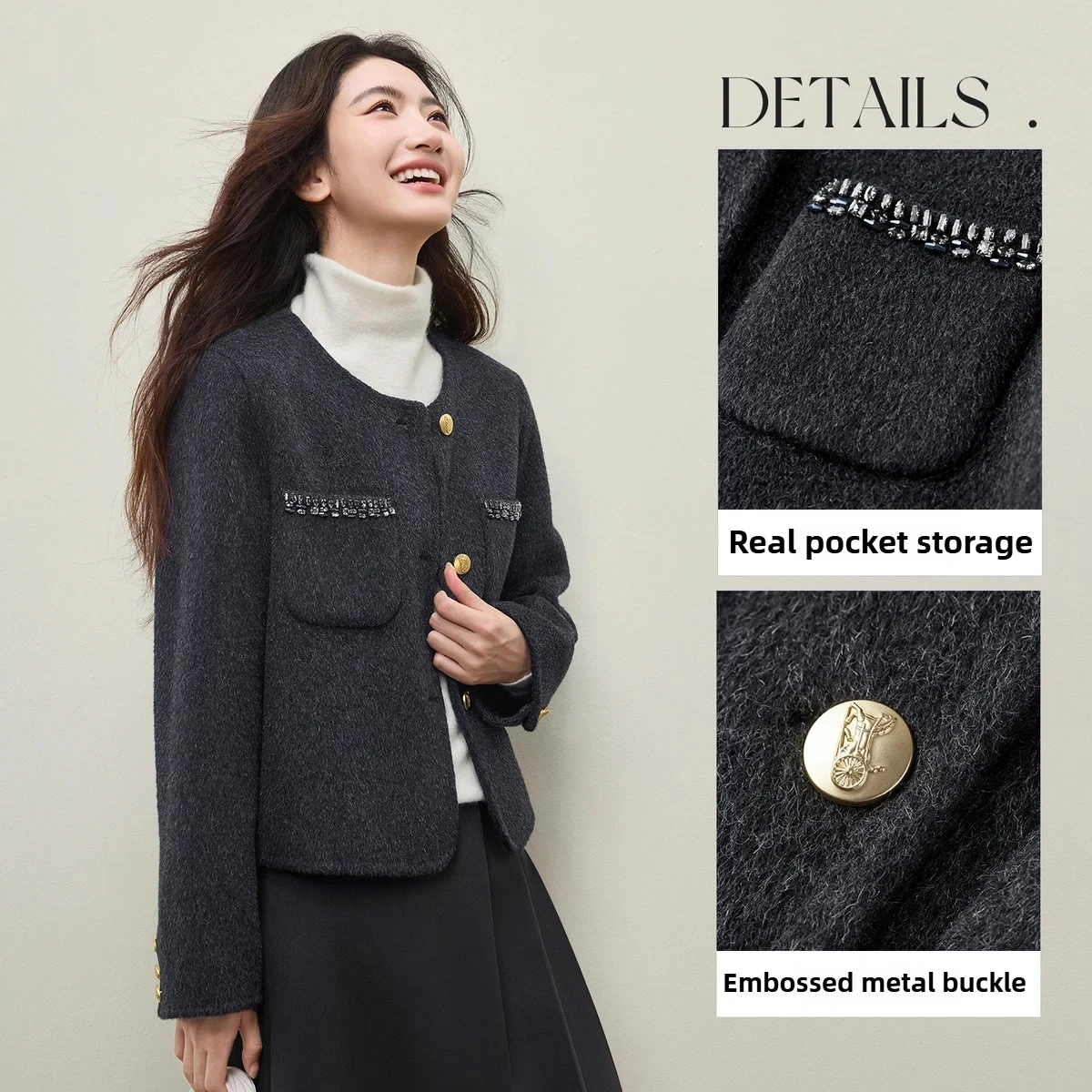 سترة صوف SENTUBILA 2025 معاطف قصيرة للنساء بجيب شتوي سميك ورقبة دائرية وأكمام طويلة ملابس خارجية للسيدات المكتب W54OG4882