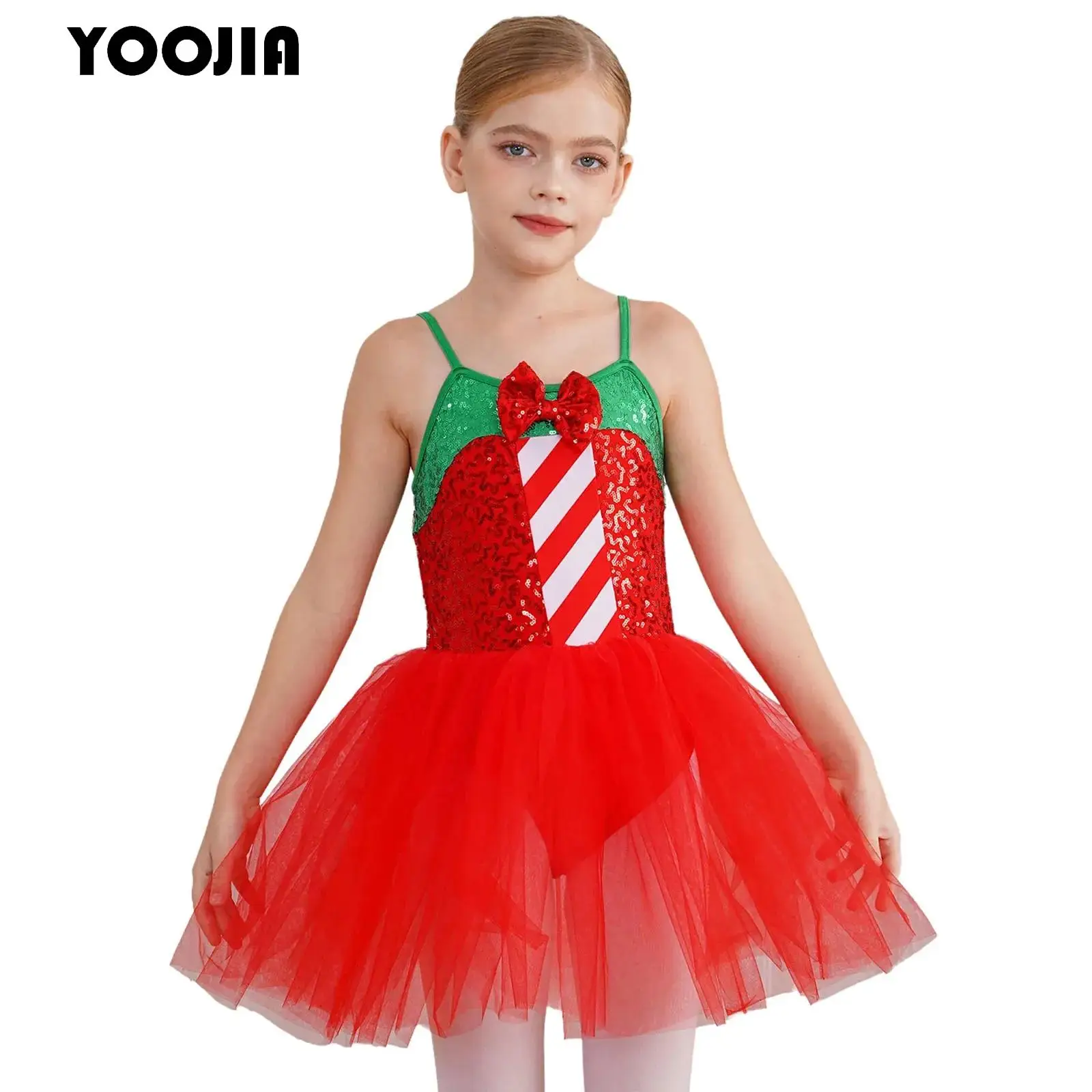 Kids Girls Christmas Dance Costume Party Prom Gown Mesh Tutu Ballet Dress Sleeveless Sequins Bowknot Striped Leotard Dancewear