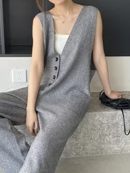 Spring Fall Women Vintage Wide Suspender Knit Strap Jumpsuit Ladies Casual V Neck Rompers Pockets Overalls Bodysuit