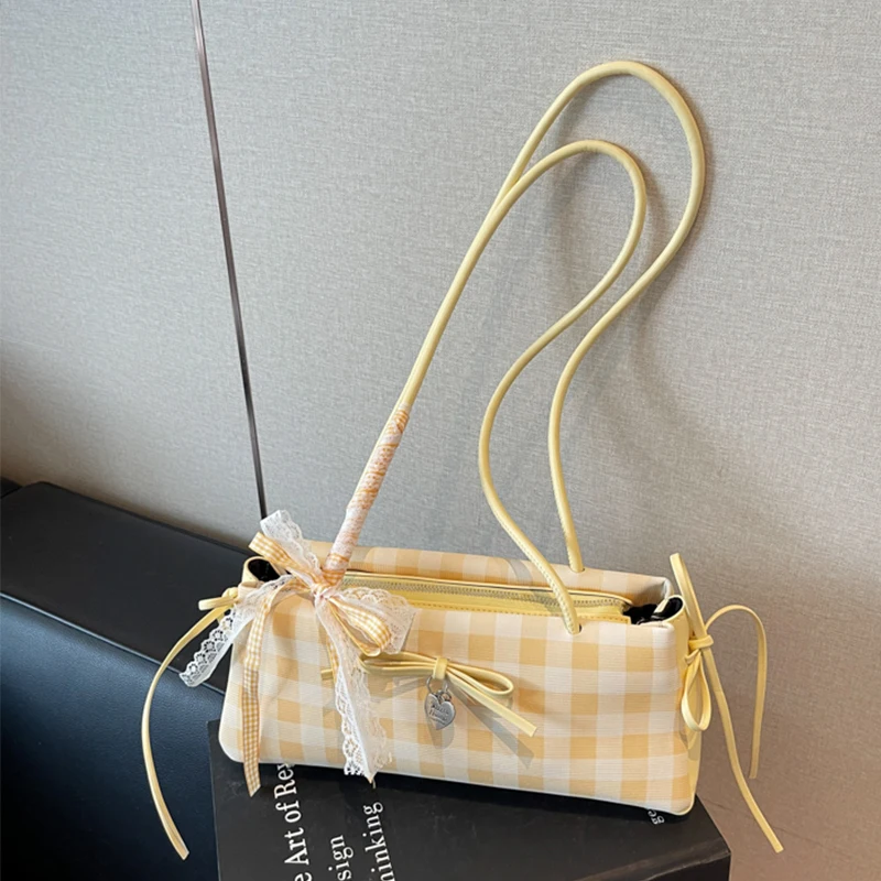 

Fashion Women's High-grade Bow Exquisite Plaid Contrast Color Handbag Luxury Shoulder Underarm Bag Horizontal Long Rectangle Bag