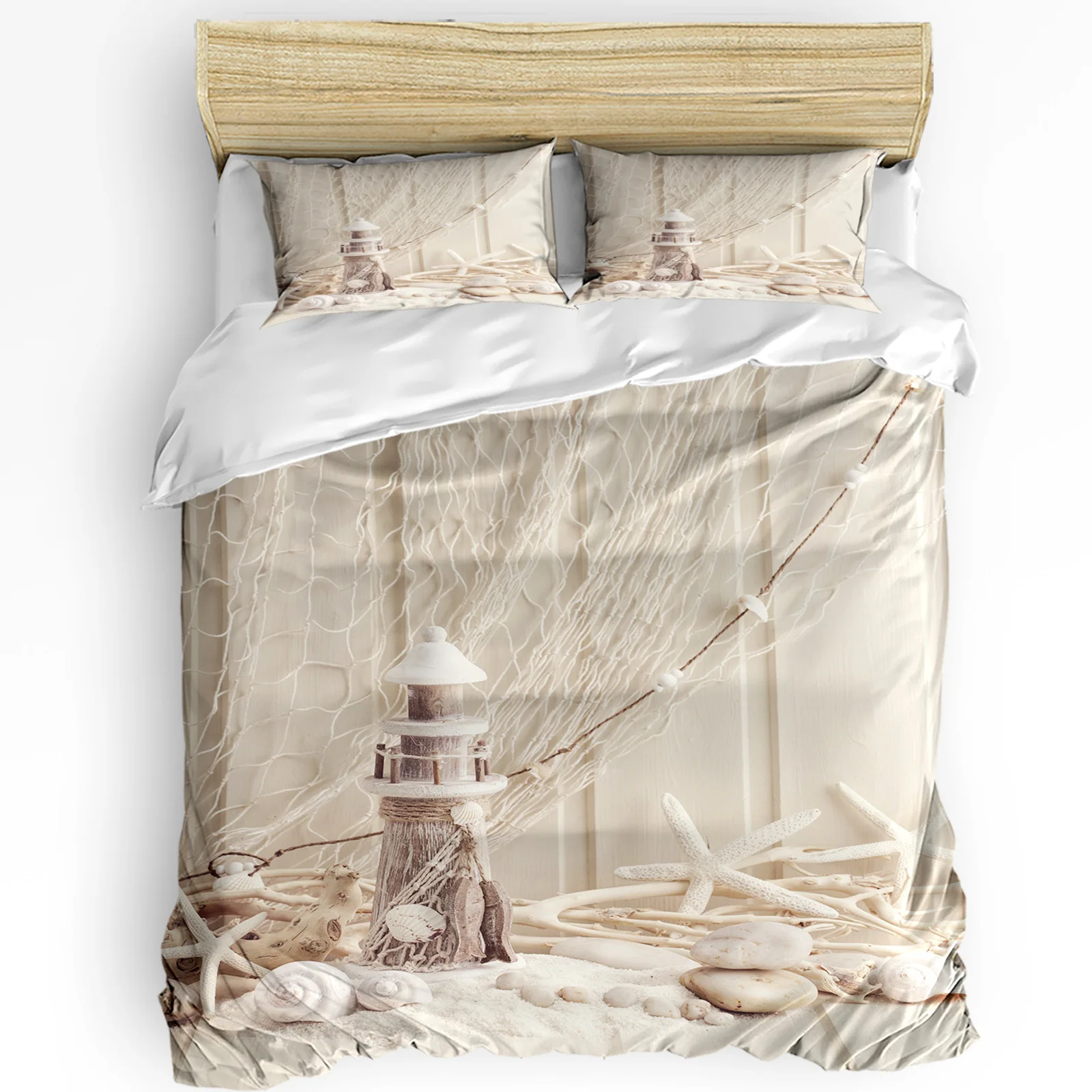 

Fishing Net Starfish Lighthouse Beach Wooden Duvet Cover Bed Bedding Set Home Quilt Cover Pillowcases Bedding Set No Sheet