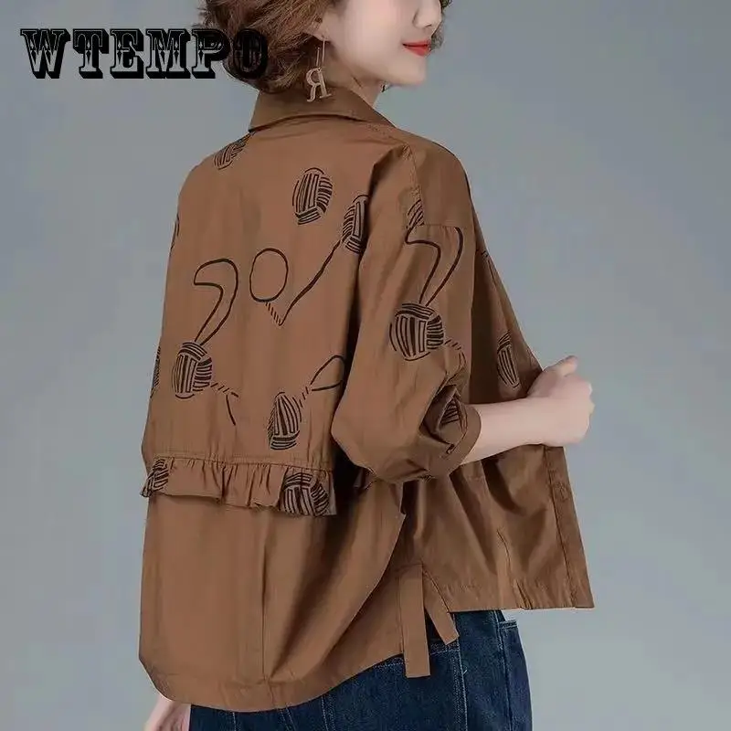 WTEMPO Cotton Shirt Women's Autumn Women's Long Sleeve Button Down Outer Suit Loose Casual Printed Shirt Jacket Outwear