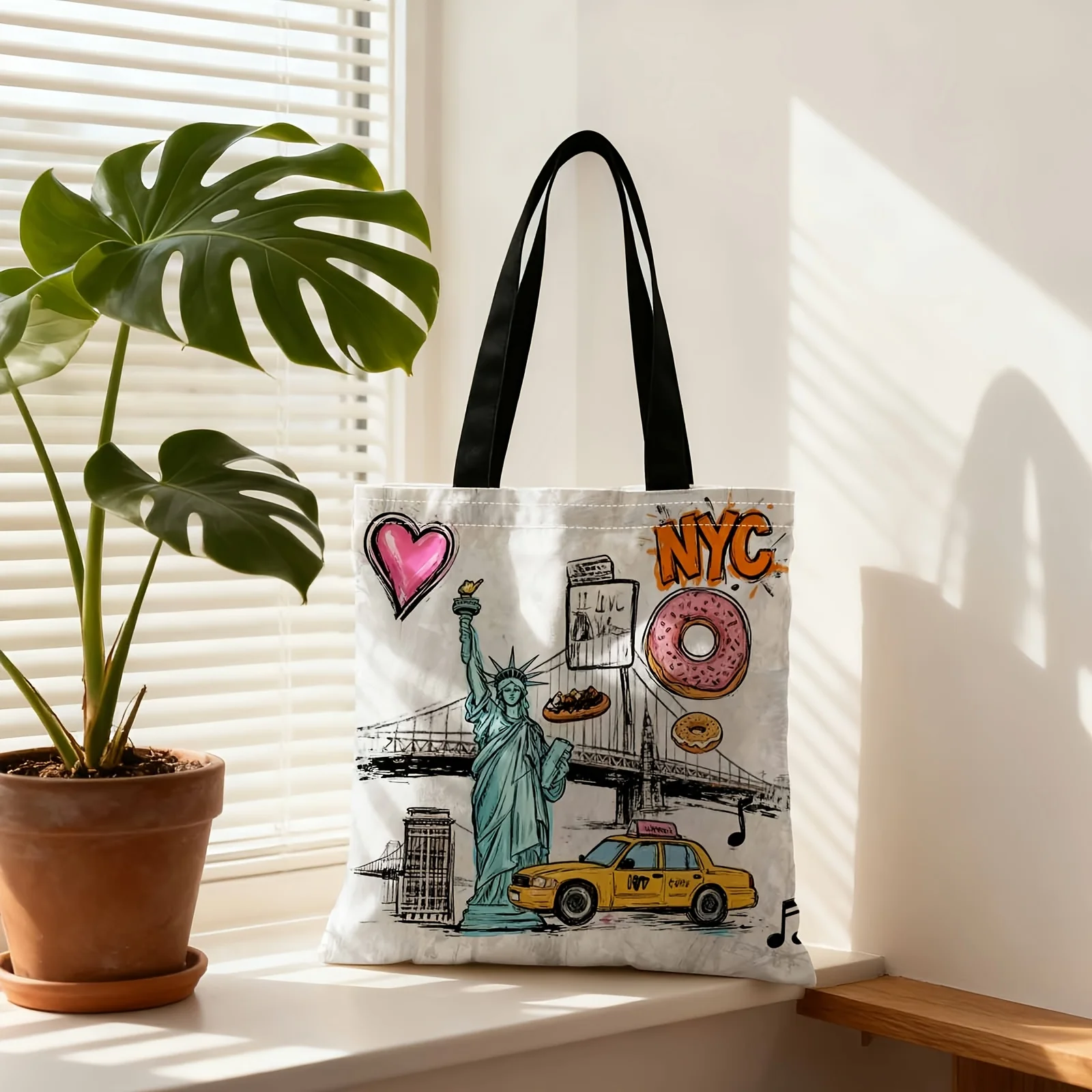 1pc Women' Large New York Tote Bag with Statue of Liberty & Taxi Donut Thickened Lightweight Storage Pouch Daily Use