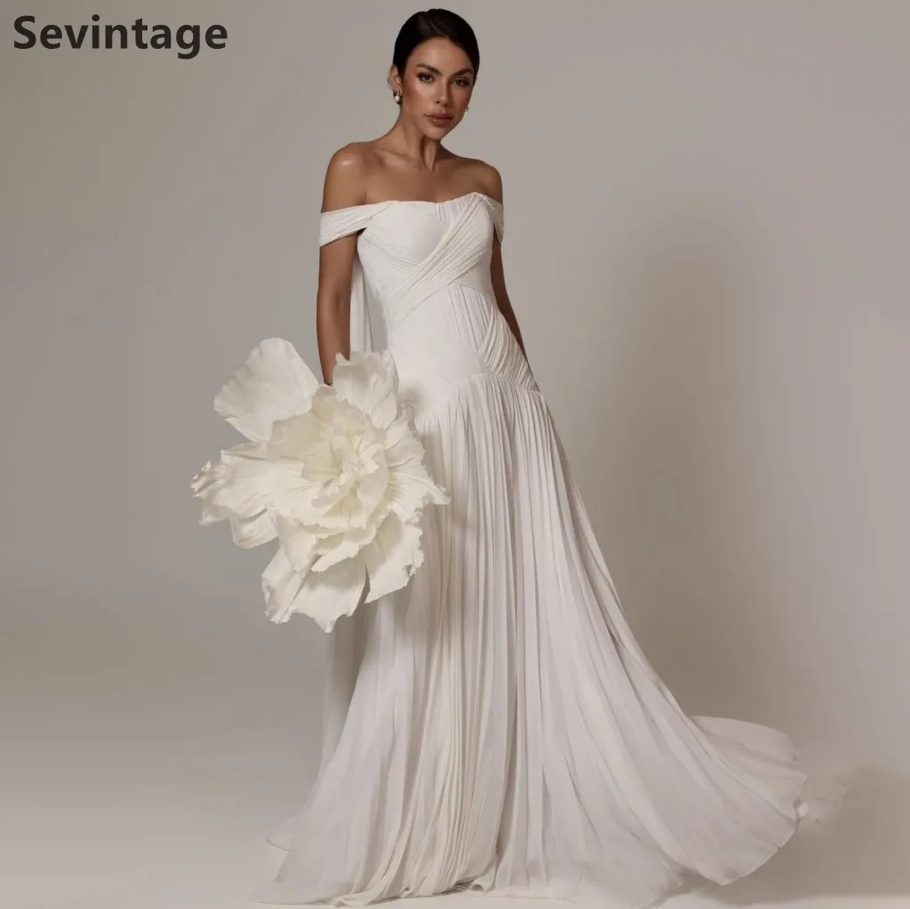 Sevintage 2026 White Off The Shoulder Pleated A Line Chiffon Maxi Evening Dress Saudi Arabic Prom Dress Dubai Gown Customizd