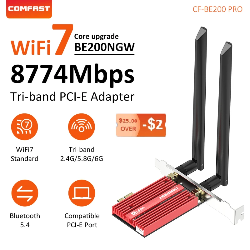 

WiFi7 Intel Be200NGW PCI-E Wireless Adapter 8774Mbps Tri-band 2.4G/5G/6GH Network Card High Gain Antenna Bluetooth 5.4 For PC