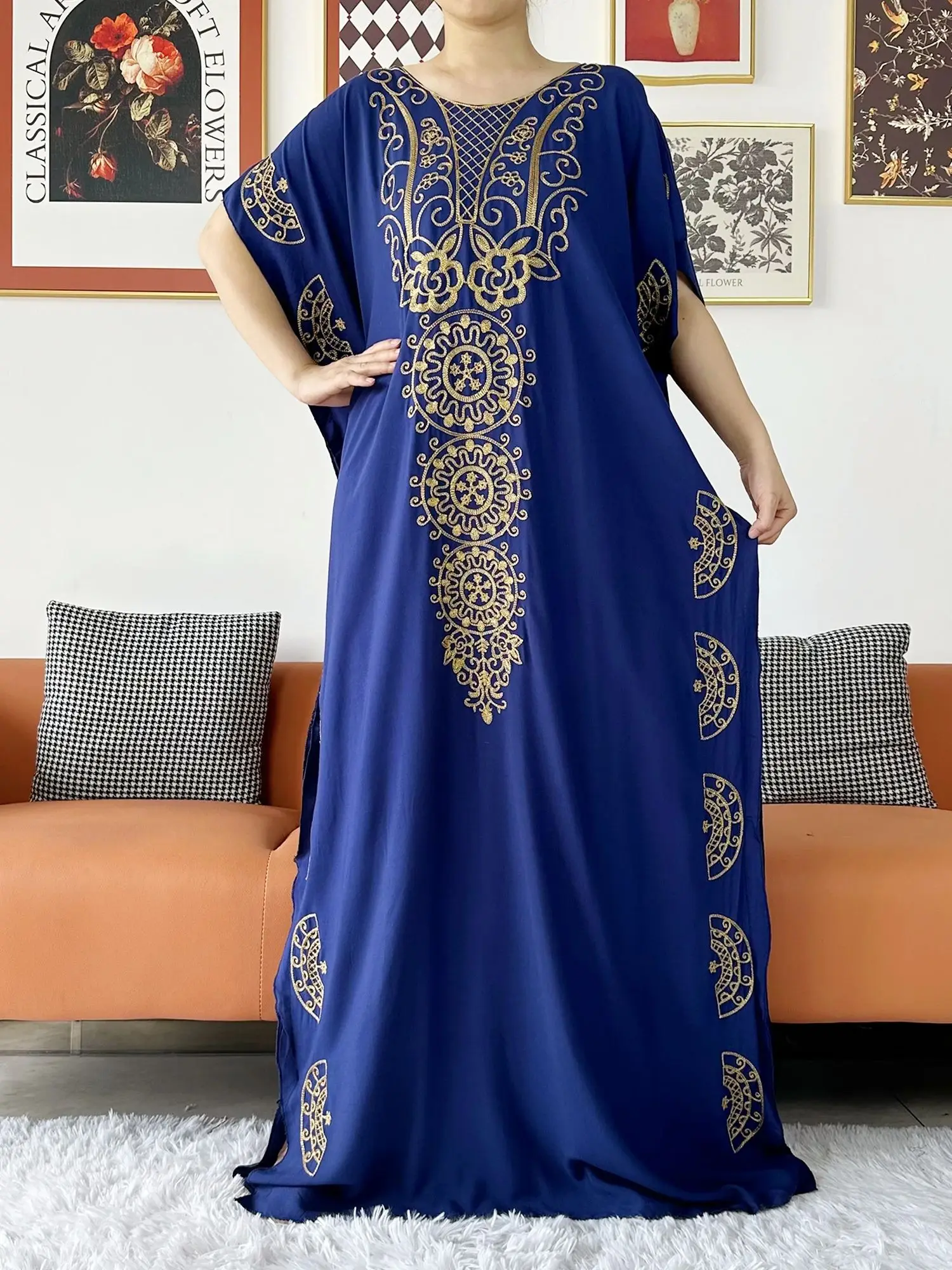 2024 Muslim Abaya Solid Color Cotton Embroidery Dress Short Sleeve Loose Dress Elegant Summer Maxi Casual Dress with Scarf