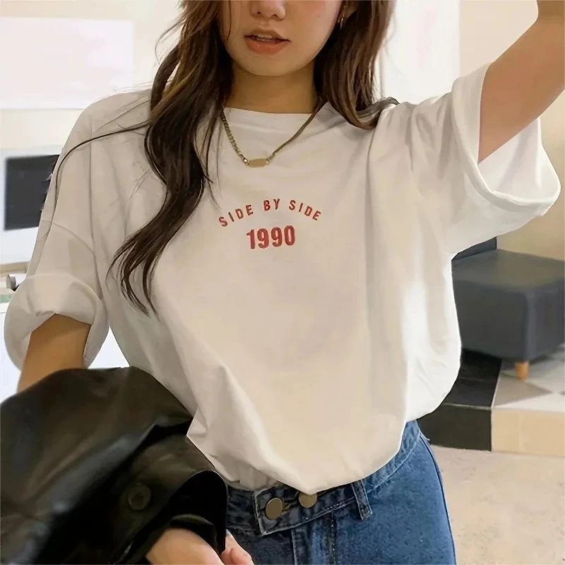 Korean Style 1990 Side By Side Letter Printed Female T-Shirt Summer Cotton Casual T-Shirt Fashion Women Loose Streetwear Tops