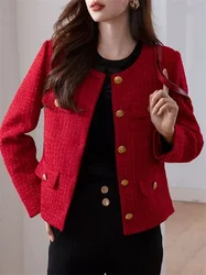 Women's Jacket 2024 Spring Autumn New Red Tweed Small Fragrance Coat Short Blazers Korean Fashion Elegant Female Tops Outerwear