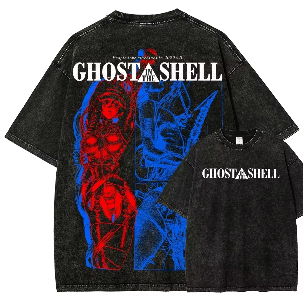 Ghost in The Shell Anime Vintage Washed Cotton T‑shirt Unisex Y2K Aesthetic Oversized Short Sleeve Summer Streetwear Casual Tops