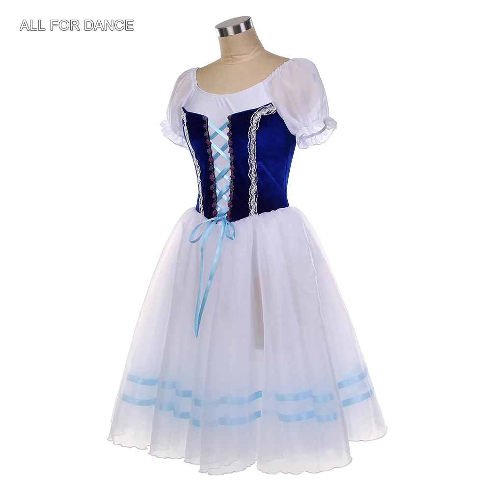 26009 Ballett-Tanzkostüme für Erwachsene, romantisches langes Ballett-Tutu, königsblaues Samt-Oberteil mit weißen weichen Tüll-Tutu-Röcken