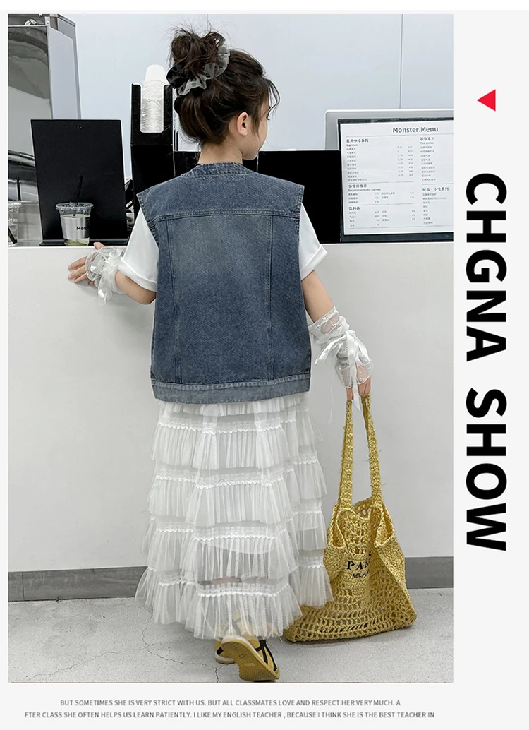 Elegante Kinder-Freizeit-Jeansweste mit Rundhalsausschnitt für Teenager-Mädchen im Alter von 5 6 7 8 9 10 11 12 13 14 Jahren, ärmellose Jacke, Weste. – Detail 3