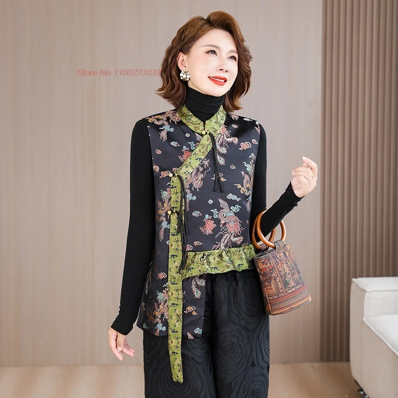 

2026 китайский винтажный жилет ханьфу, традиционный атласный жаккардовый жилет с воротником-стойкой, ретро жилет нестандартной формы, этническая куртка без рукавов