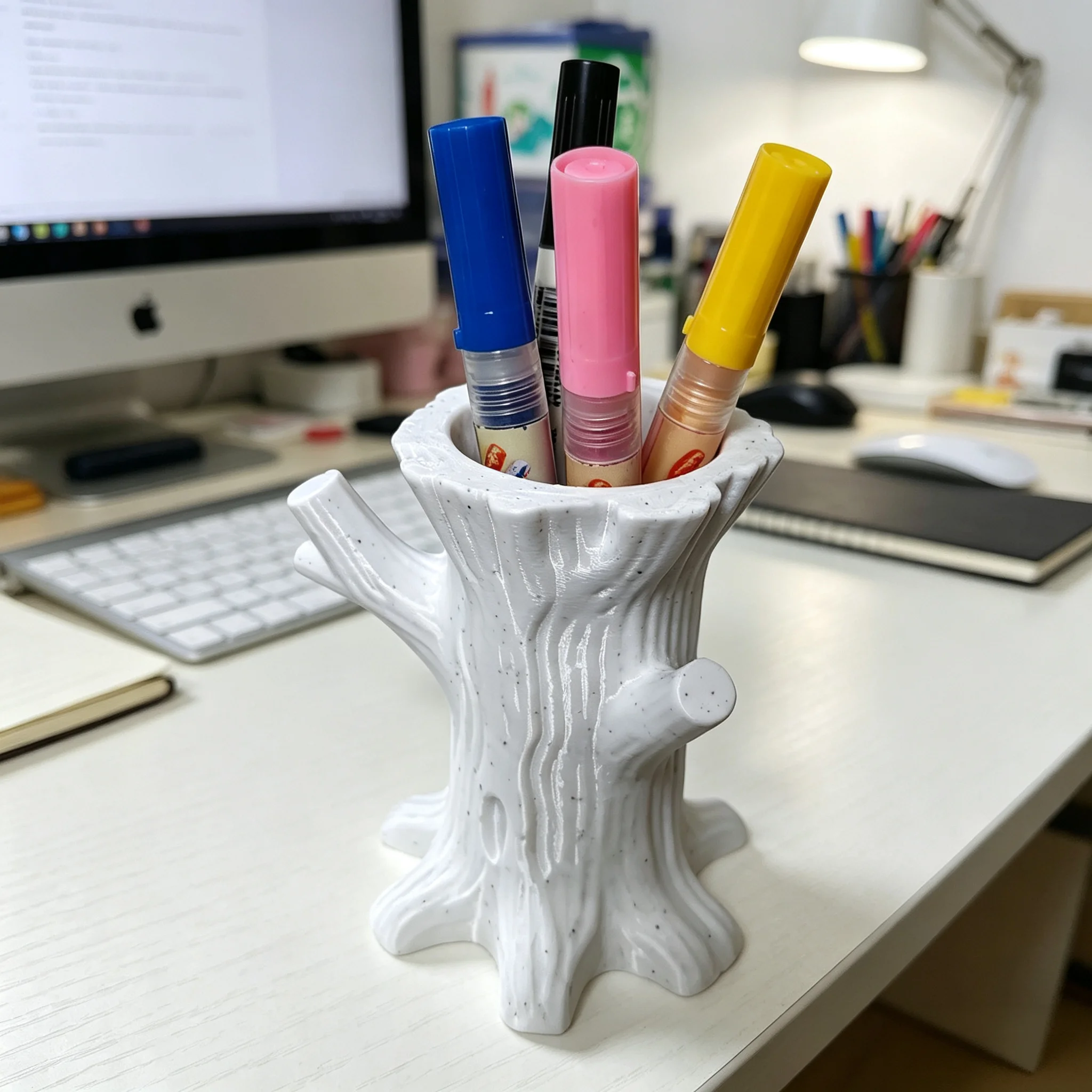 1 Piece of Light Gray Tree Stump Ornament, Creative Tree Stump-Shaped Pen Holder, 3D Printed Wood Grain Desktop Storage Container, Student Office Marker Pen Holder (Pen Not Included)