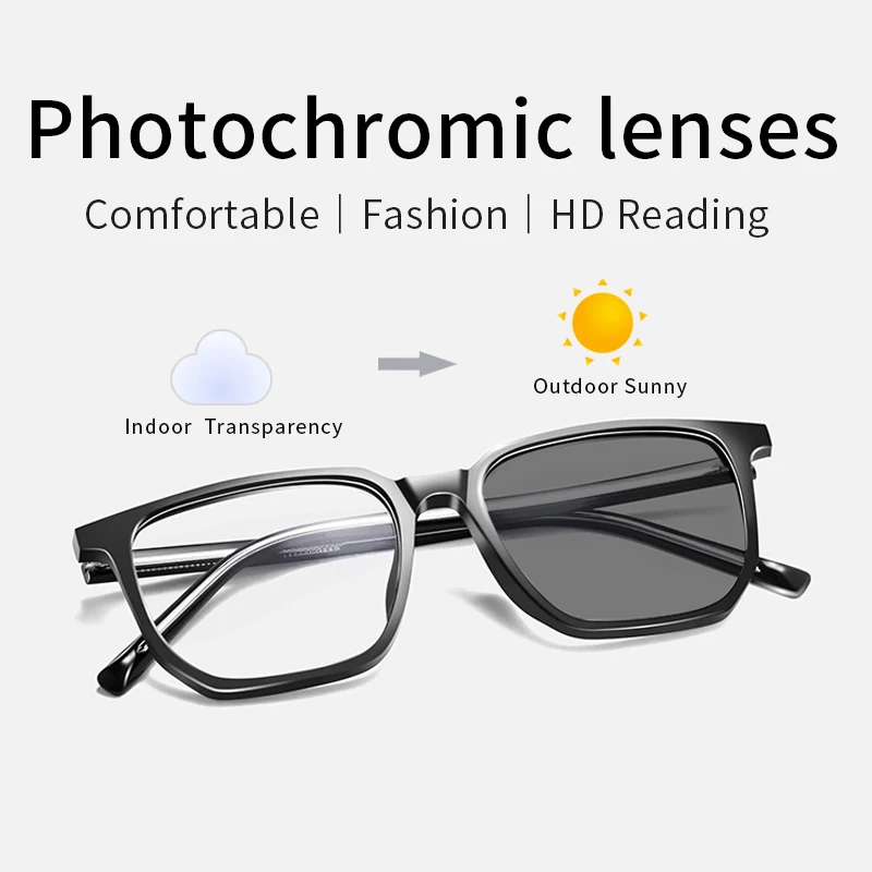 

Photochromic Reading Glasses, Anti Scratch Hard Resin Lens,Rectangular tr90 Frame, Anti UV/Eyestrain/Glare Sunglasses
