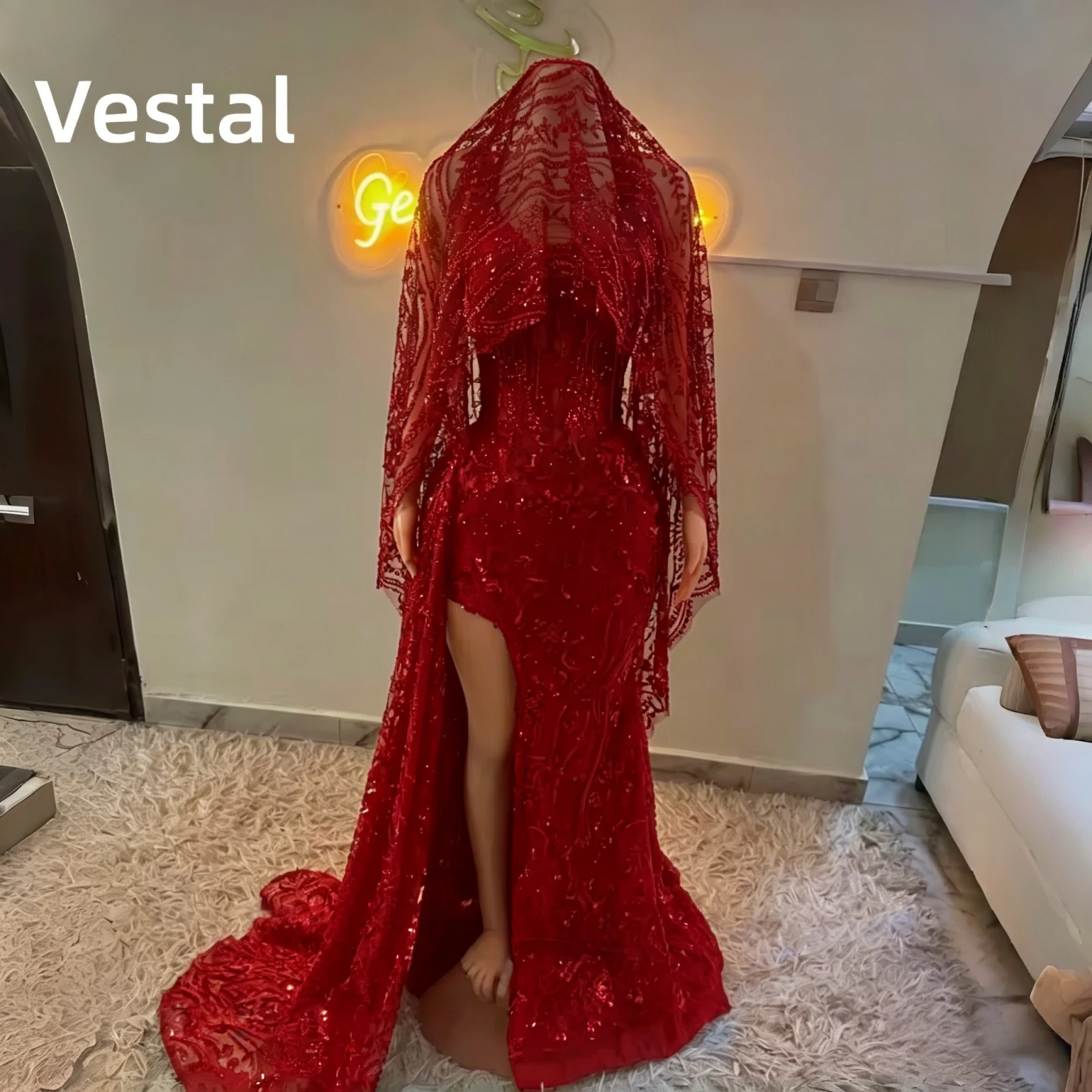 Red Diamond Veil Prom Dress 2026 Black Girls Corset High Slit Vestido De Festa Mermaid Formal Evening Party Gown Customized