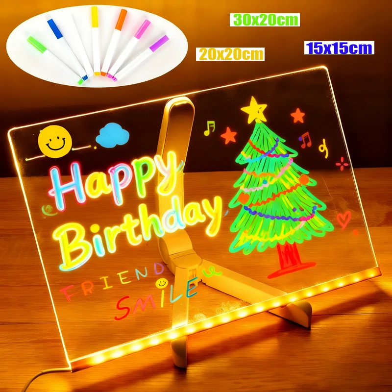 Luminous Acrylic Drawing Magic Board  Kids DIY Transparent Painting Board LED Note Board with Stand & 7 Colors Pens for Kids Toy