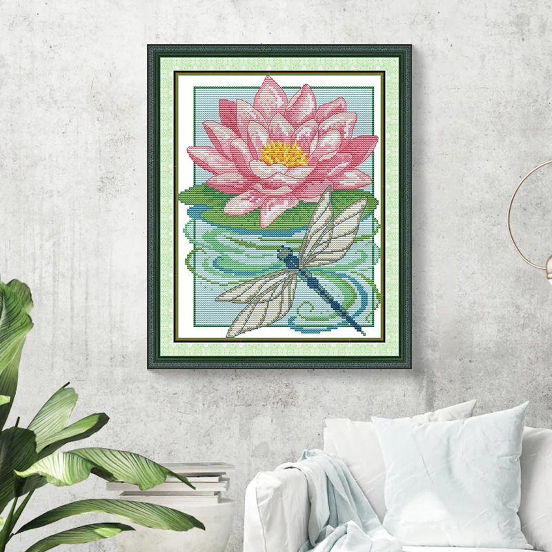 Joy Sunday Cross Stitch Kits Dragonfly And Lotus Pattern Printed Counted Aida Fabric 16/14/11CT Art Craft DIY Embroidery Kit New