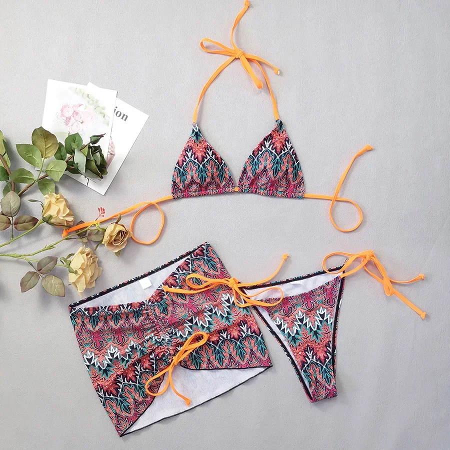 Sexy Boho Print Micro Mini String Halter Bikinis Sets 3pcs with Drawstring Mini Skirt Swimwear Swimsuit Bathing Suit Biquini