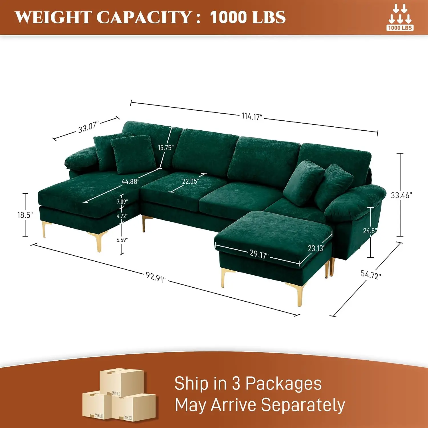 U-Shaped Sectional Sofa, 4 Seat Velvet Couch Set With Chaise Lounge, Ottoman & Pillows, 114 Inch, Emerald Green, Customized