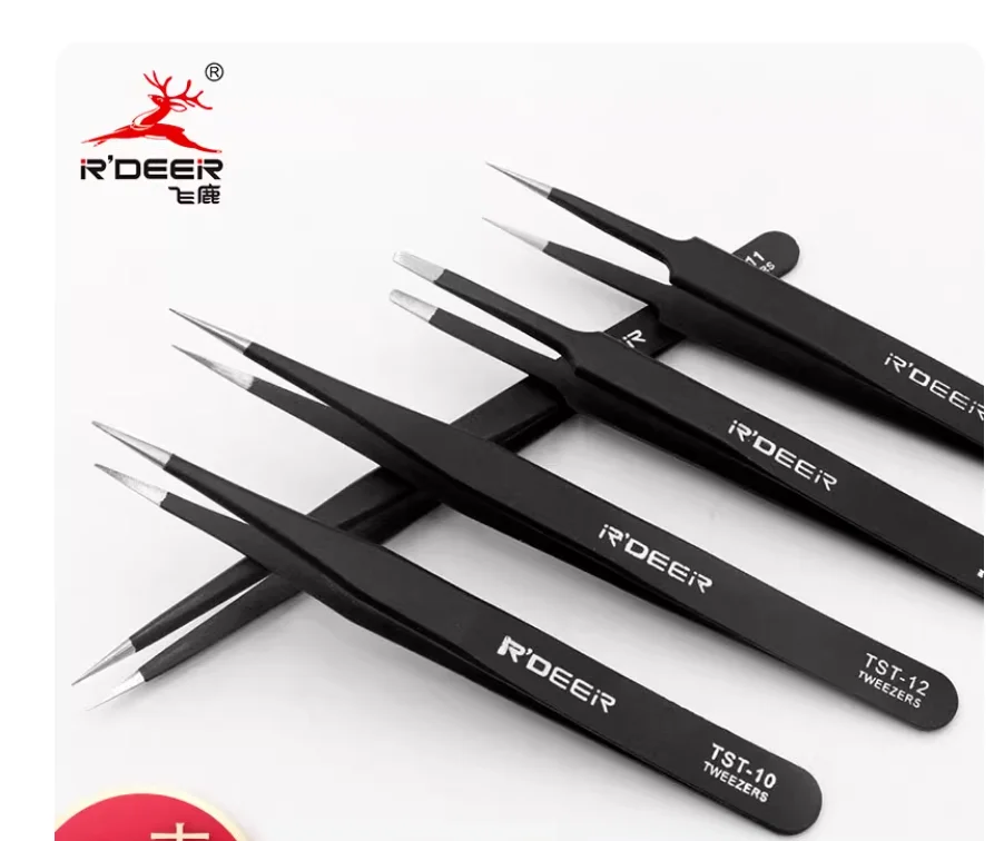 R'DEER tool 125mm sharp bent flat Anti-static Thickened and hardened stainless steel tweezers medical plier tool NO.TST-10