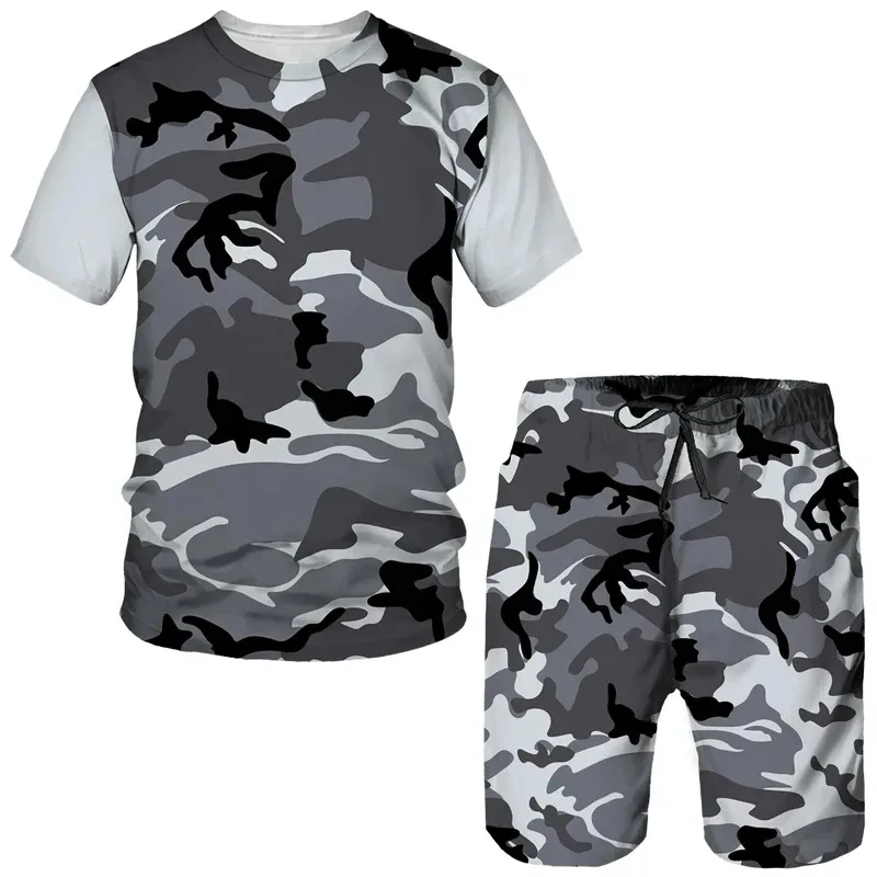 2025 3D Camouflage Printed Casual Round Neck Sports Suit Summer Men's Short Sleeved Shorts Clothing Street T-shirt Two-piece Set
