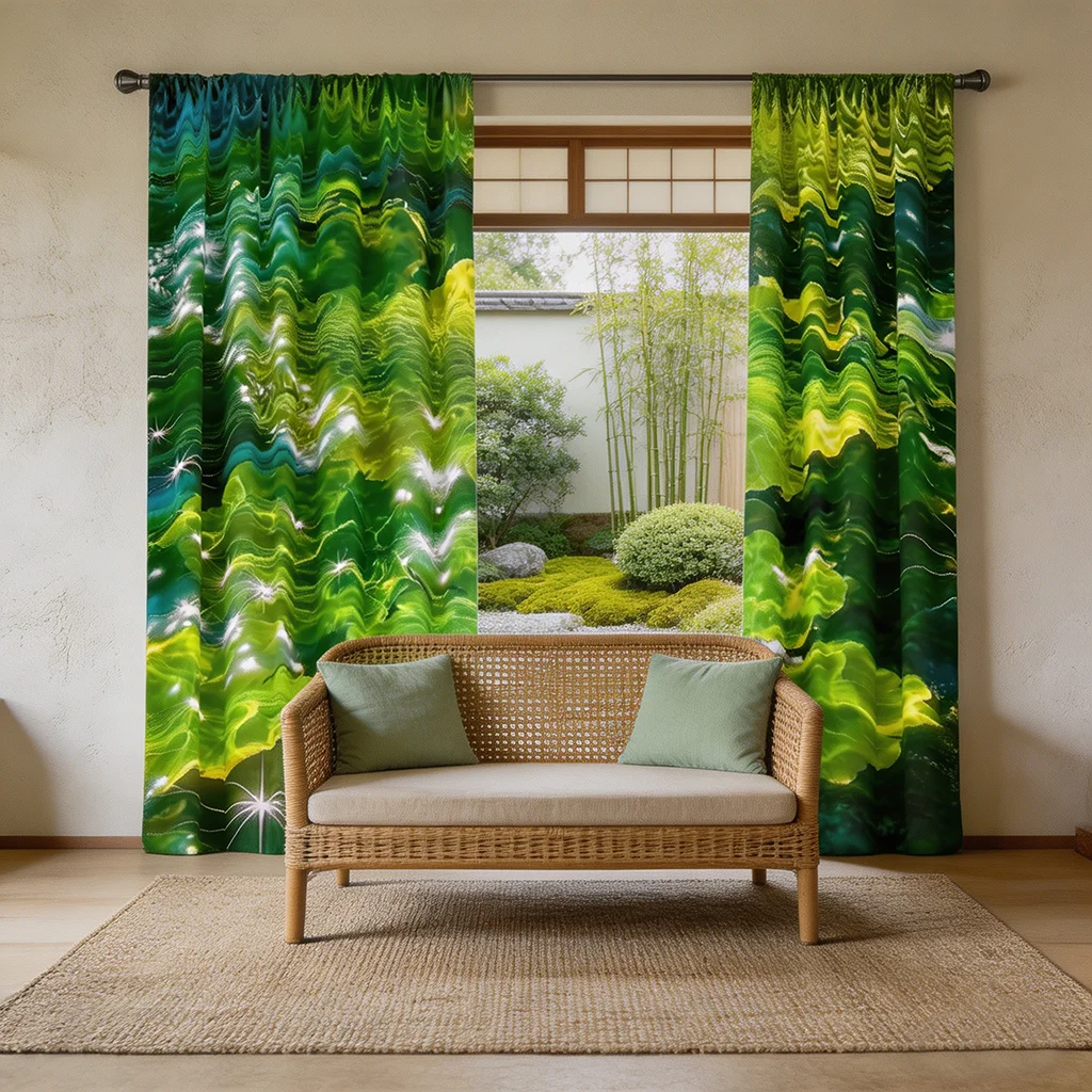 2PCS Green Abstract Swirl Printed Curtains Floral Window Treatment Print Curtains for Bedroom Decor