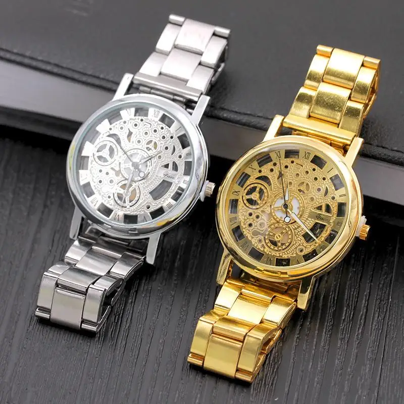 New see-through skeletonized steel band watch quartz wristwatch men's watches gift watches