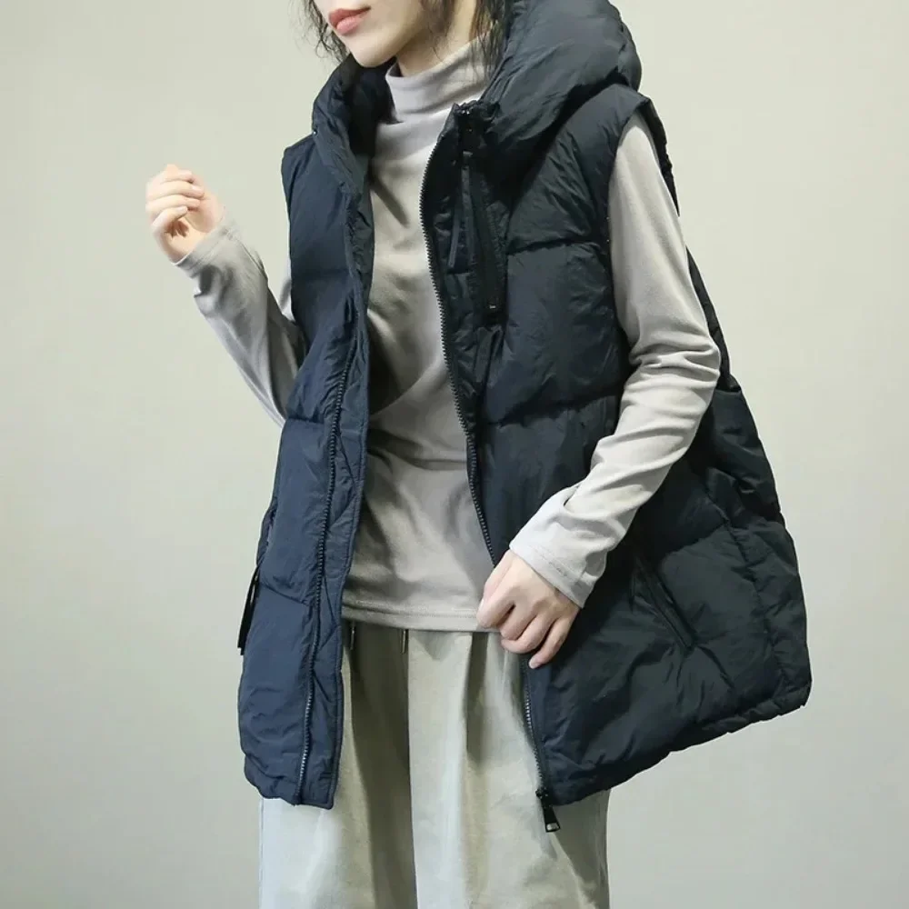 Fashionable Gilet Female 2024 Autumn Winter New Women White Duck Down Vest Hood Warm Over Size Casual Sleeveless Jacket