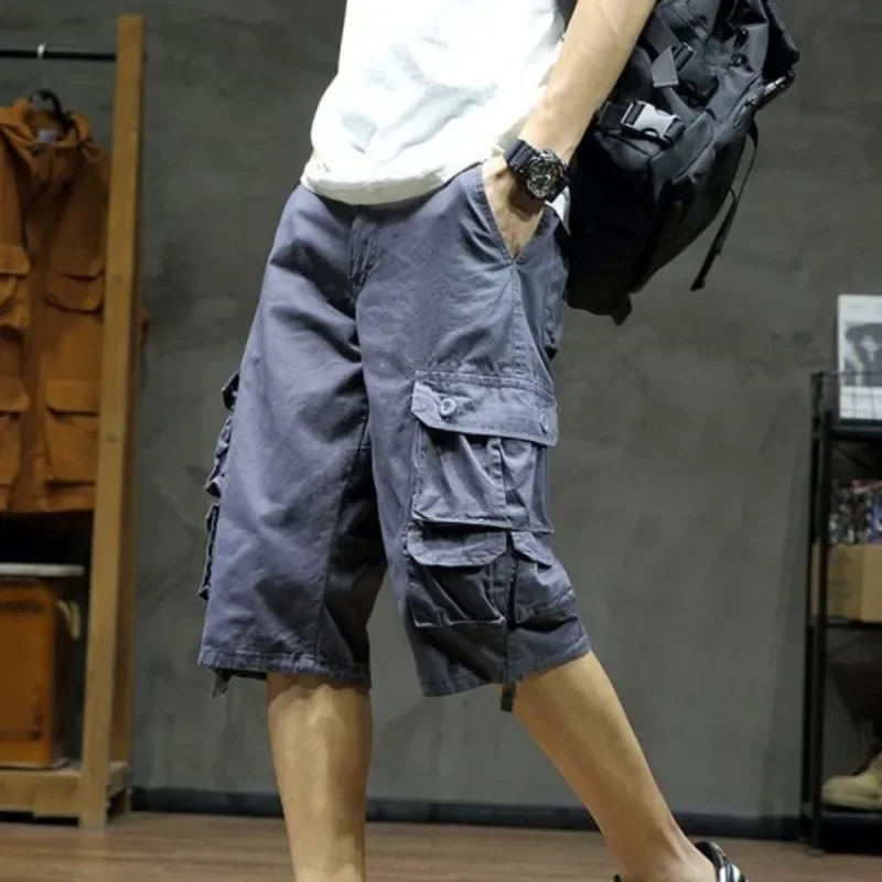 Широкие мешковатые шорты выше колена с карманами, мужские шорты-карго, свободные короткие брюки для мужчин, однотонные джерсы, японский уличный стиль, винтажные популярные