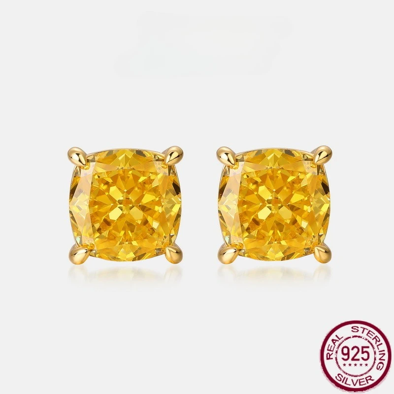 

New S925 Pure Silver Four Claw Yellow Diamond Square Diamond Princess Square Sugar Earrings Stone Earrings Wedding Jewelry