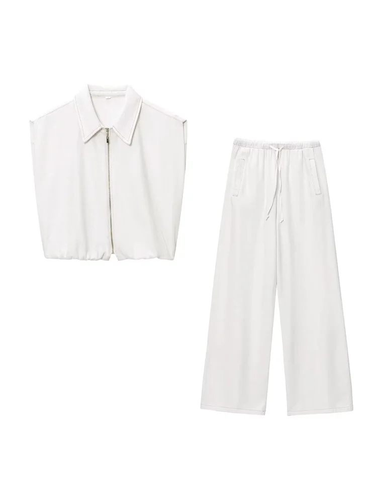 HH Women New Fashion Lapel Zipper Line Stretch Hem Sleeveless Vest+Casual Elastic Waist Drawstring Pocket Jogging Jeans Suit