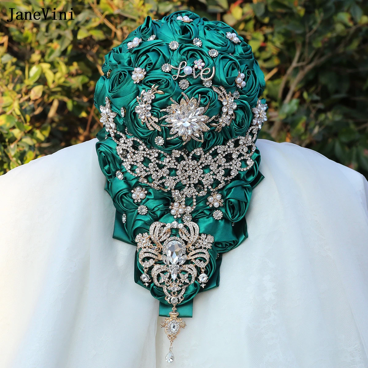 

JaneVini Dark Green Cascading Flowers Waterfall Bridal Bouquets Golden Rhinestones Artificial Satin Roses Wedding Brooch Bouquet