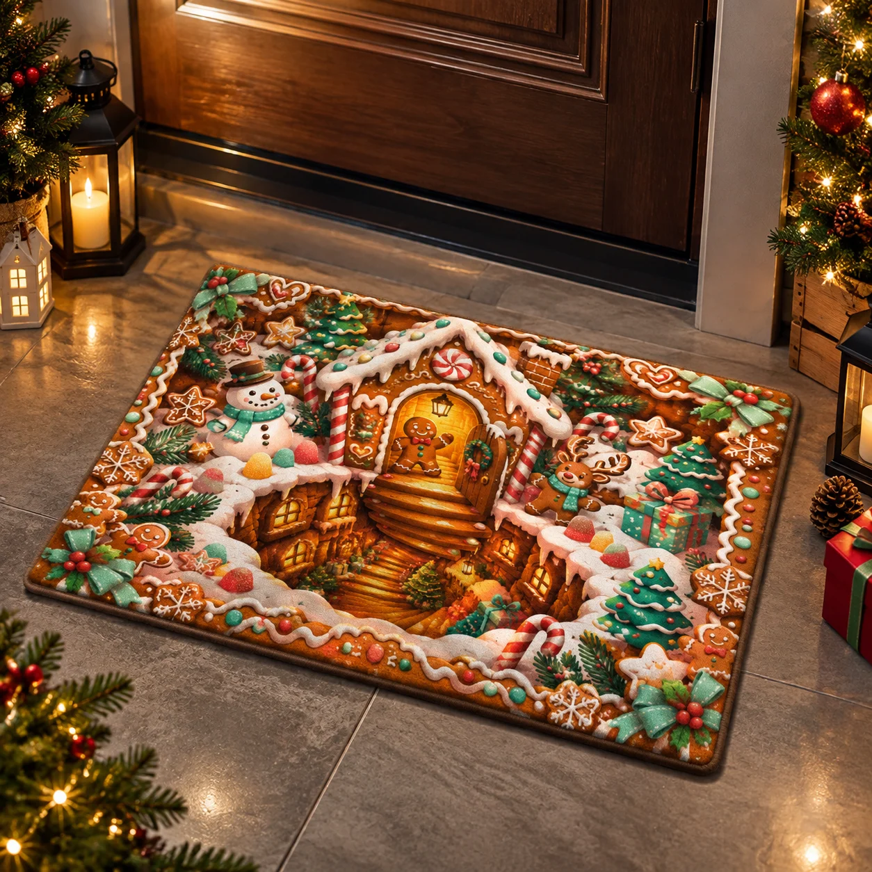 VIKAMA Christmas Carpet Gingerbread House Door Mat Soft Welcome Mat Kitchen Rug Bedroom Carpet For Living Room Bathroom Mat Home