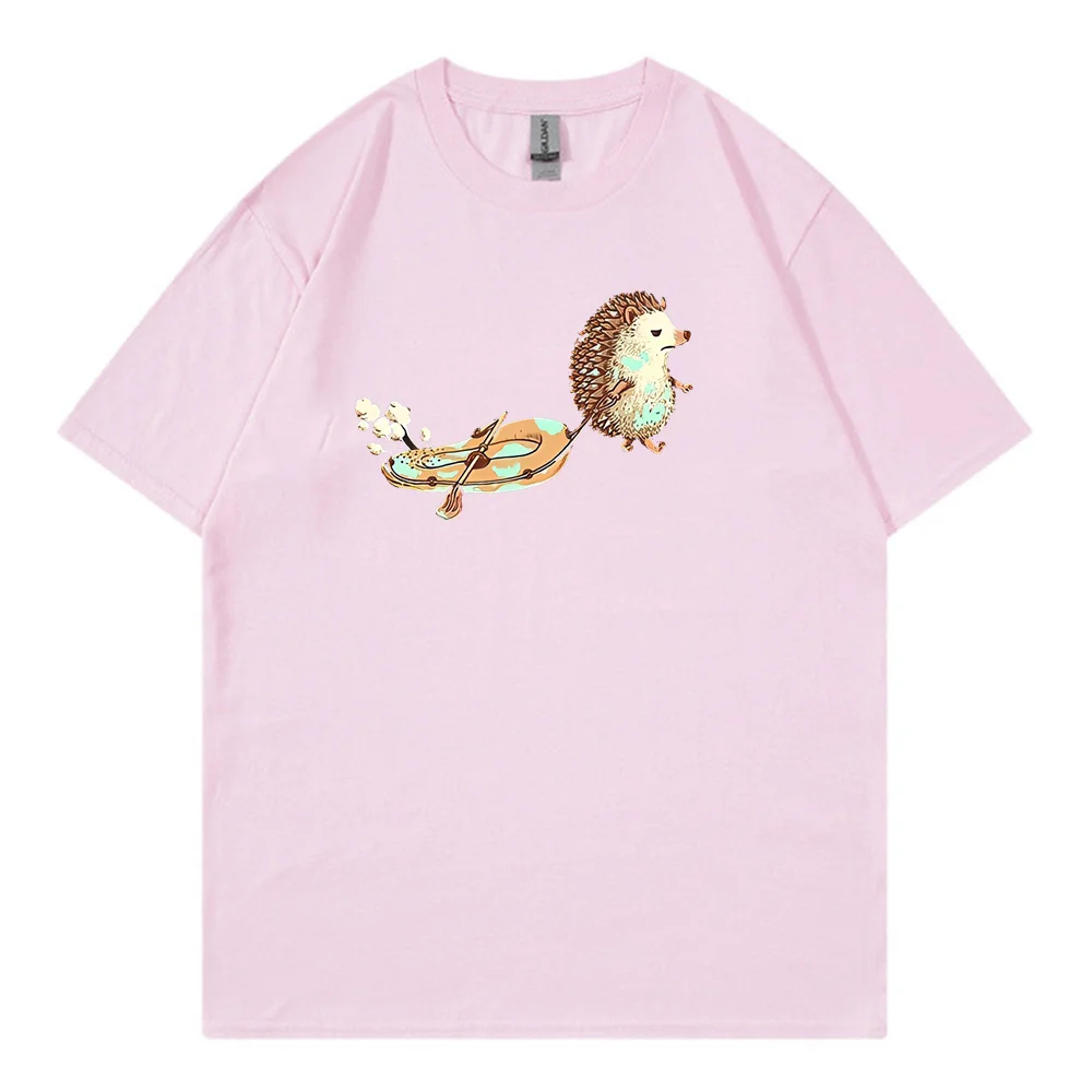 Pure cotton T-shirt 2024 Summer New Loose Fashion Brand Cute Little Hedgehog Printed Comfortable Short sleeved Men\'s T-shirt