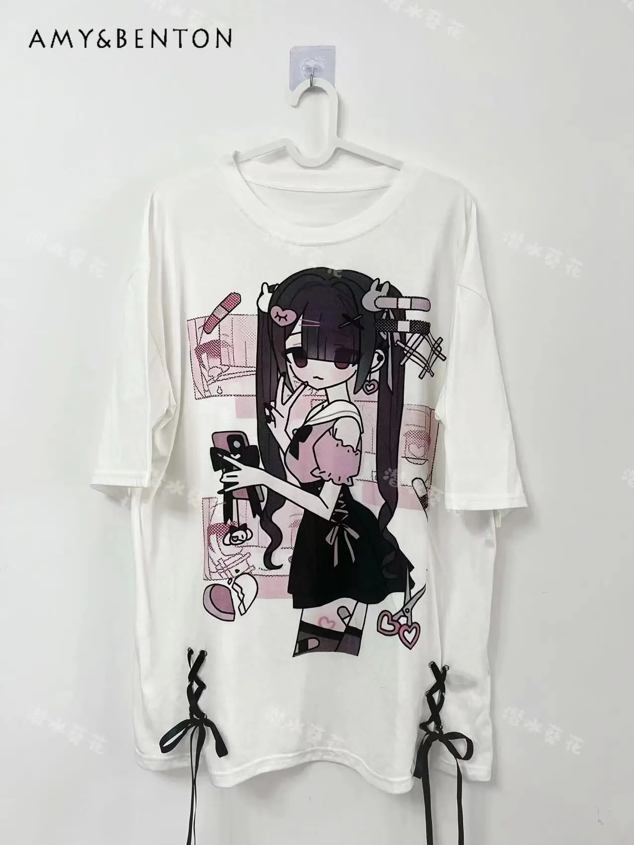 Subculture Ribbon Strap Anime Print Goth T-shirt Women Mine Cute Short-sleeved Graphic T Shirts Summer Japanese Style Kawaii Top