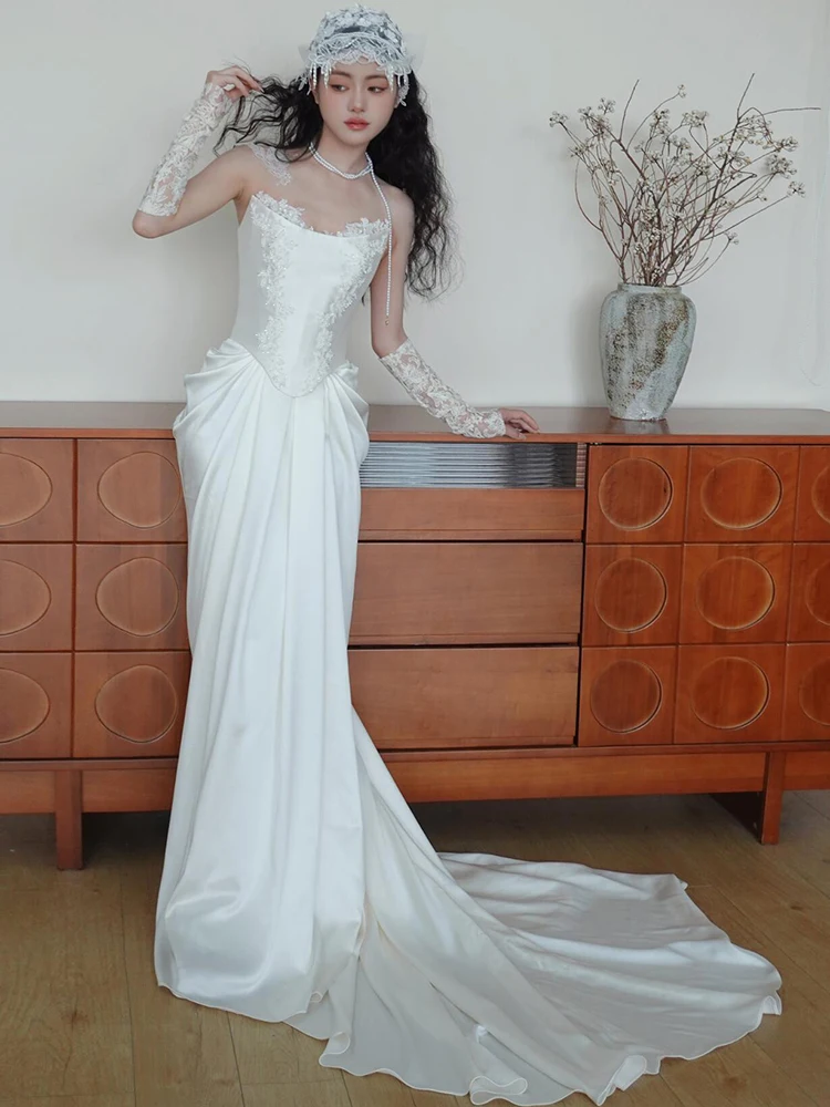 

Элегантное свадебное платье Ele Simple с вышивкой и кружевом, атласное, с небольшим шлейфом, для отелей и мероприятий в помещении, для девушек 8-25 лет