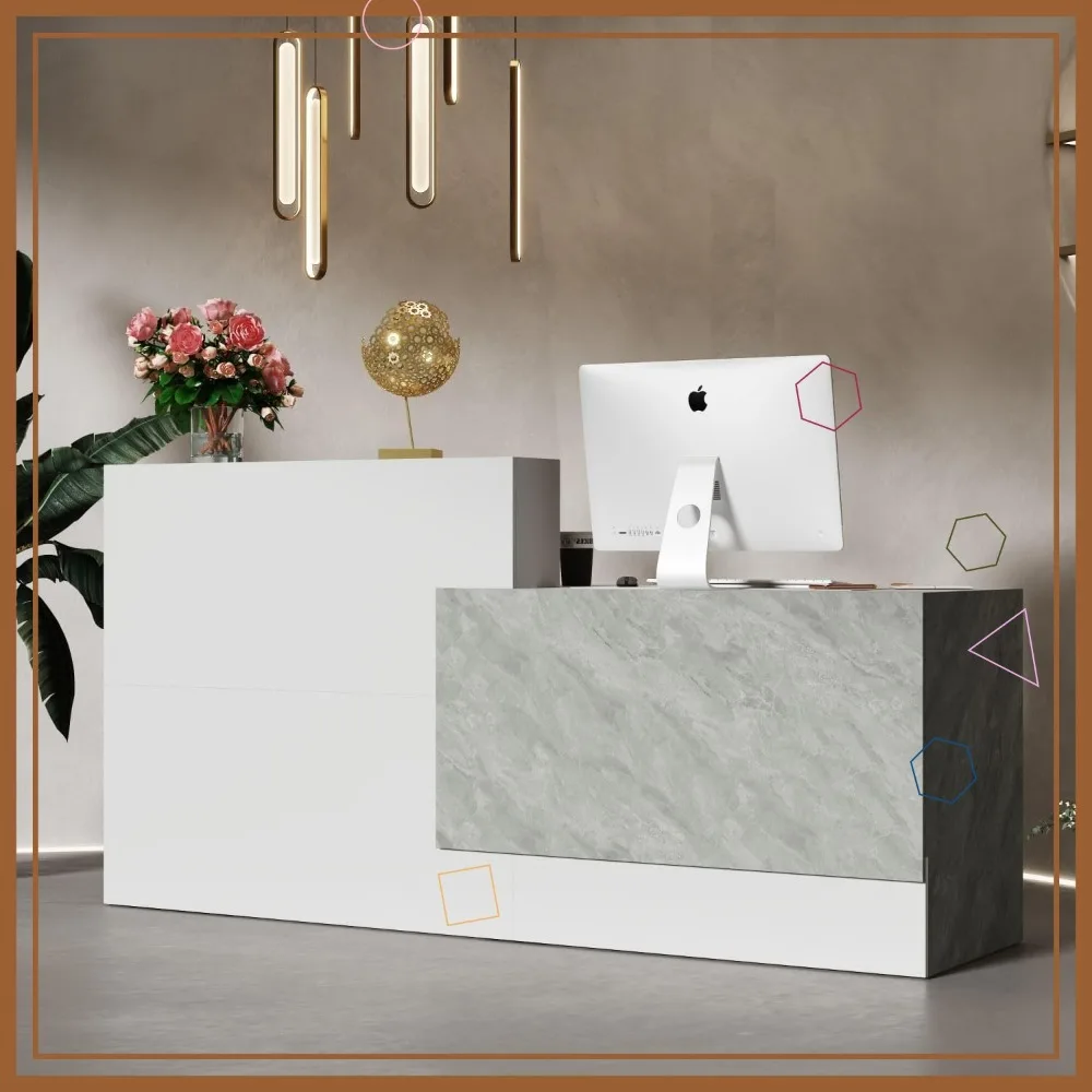 Moderner Empfangstisch mit Regalen, weiß-grauer Marmor-Thekentisch für Laden-Lobby-Salon, 23,6" T x 86,6" B x 43,3" H