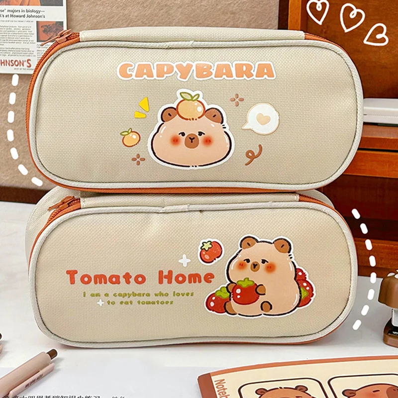Large Capacity Pen Bag Cartoon Capybara Canvas Pencil Case For Student Stationery Cosmetics Travel Storage Bag School Supplies