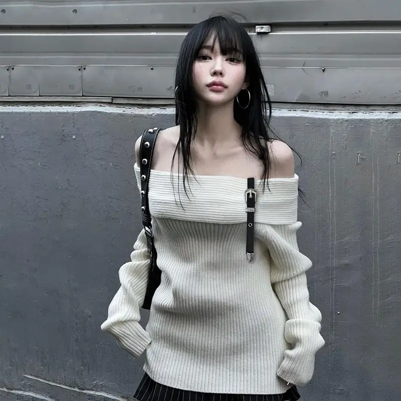 Sweaters Belt Off Shoulder One-Piece Collar Women Y2k Solid Autumn Winter Vintage Fashion Pull Femme Sexy Short Pullovers