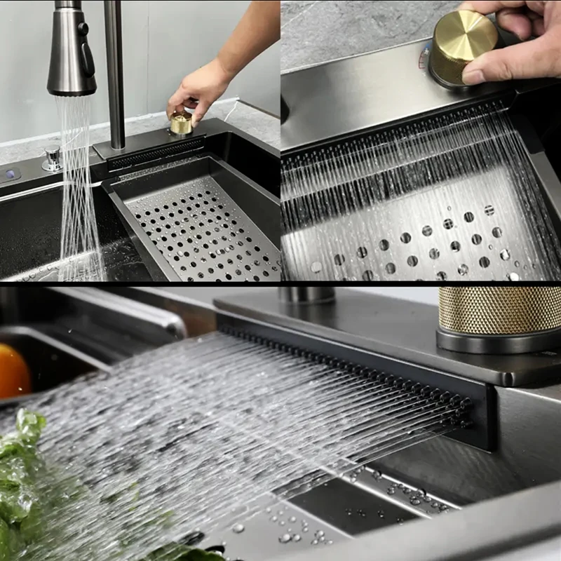 Popular Metal Gun Gray 304 Stainless Steel Handmade Kitchen Sink Sets with Flying Rainfall Waterfall Faucet