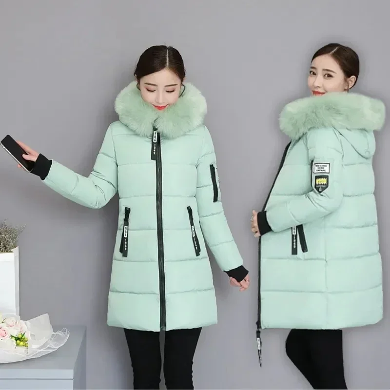 Down Cotton Jacket Women Autumn Winter New Korean Slim All-match Casual Padded Coat Female Large Size Long Hooded Parkas E66