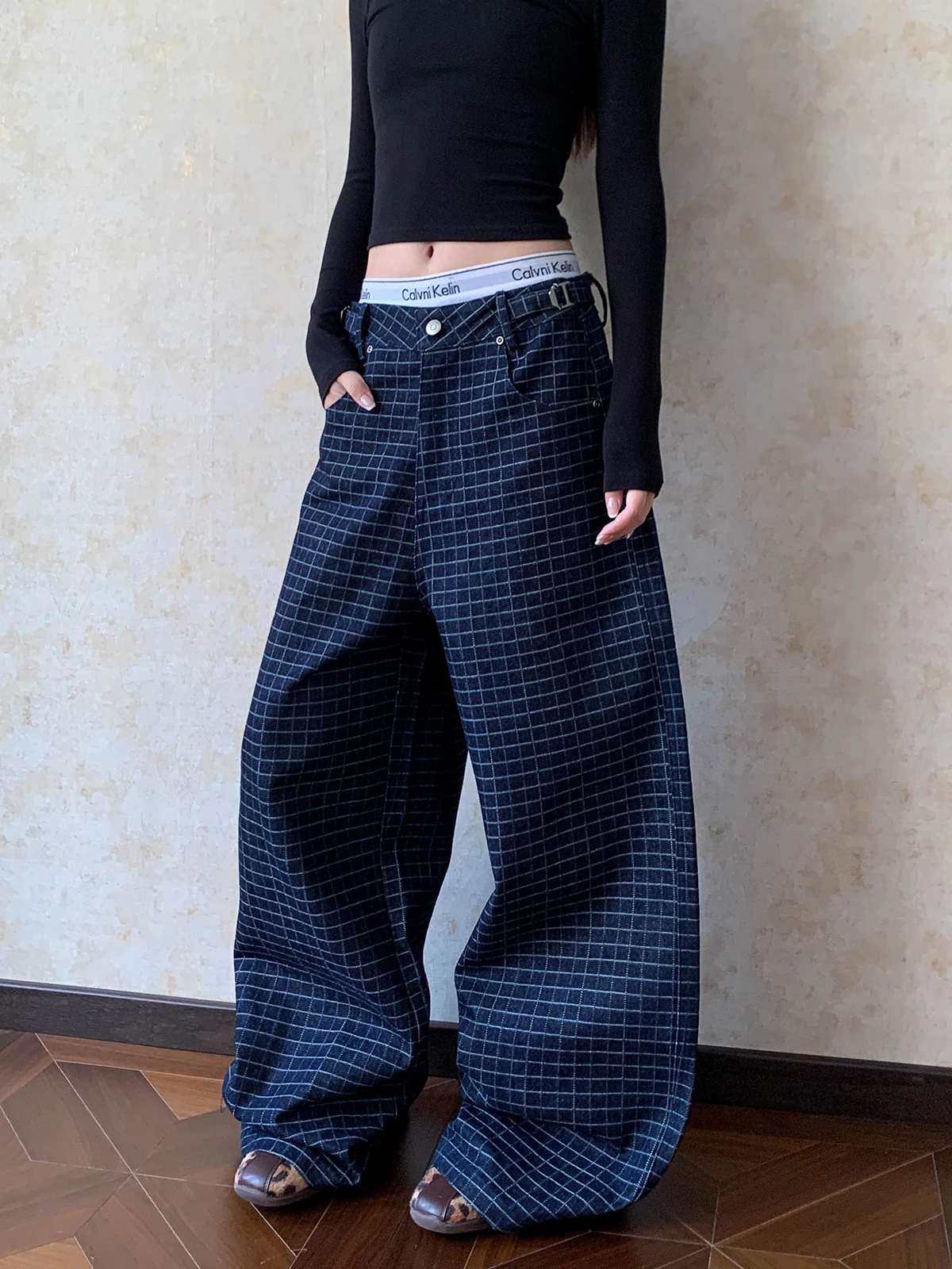 

Женские джинсовые брюки в клетку в американском ретро-стиле с регулируемой талией, широкие прямые брюки-трубы для повседневной носки