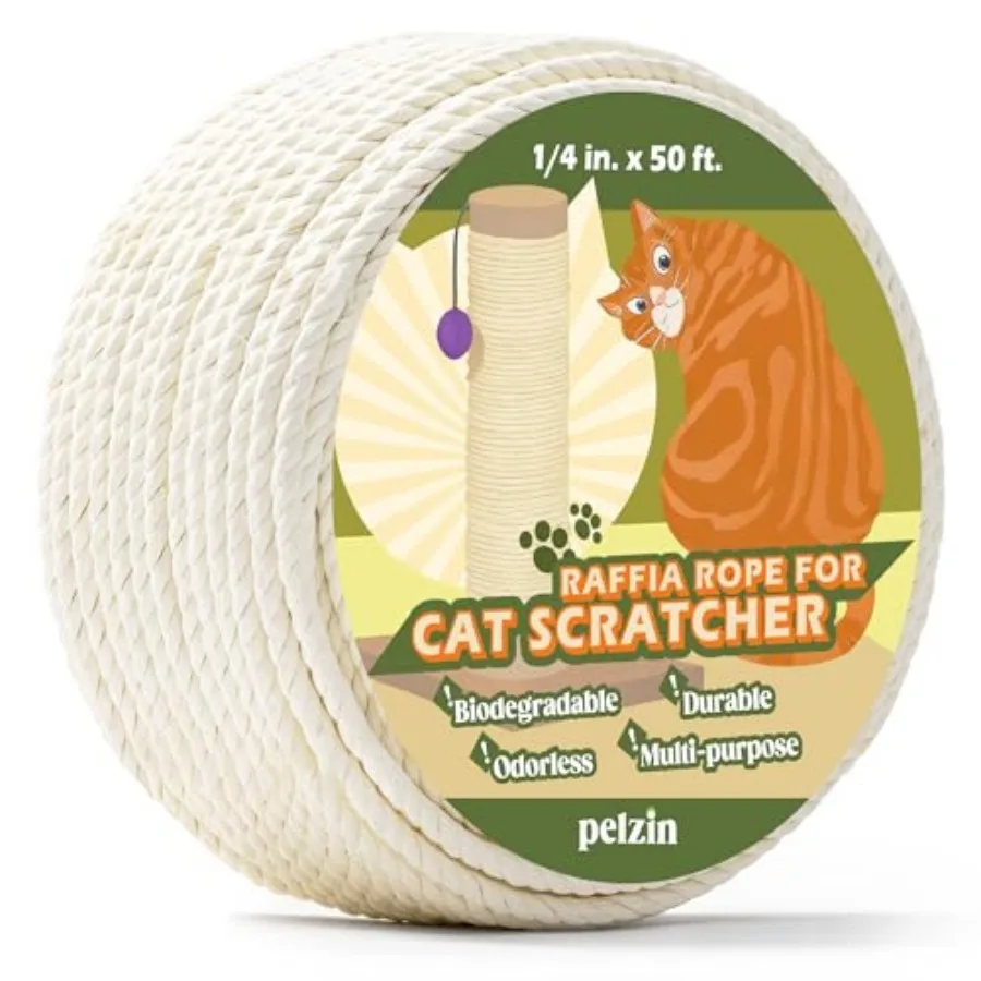 Cuerda de Rafia de Papel Natural para Rascador de Gatos, 1/4 Pulgada por 50 Pies, Hilo de Rafia para Repuesto de Poste Rascador de Gatos