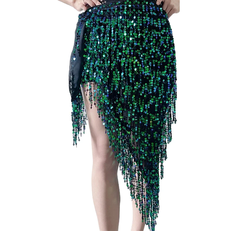 Bauchtanz-Hüfttuch für Damen, Pailletten-Quasten-Wickelrock, Asymmetrischer Hüftgürtel, Glänzender Schimmerrock für Festival, Party, Aufführung, Y2K-Tanz – Detail 11