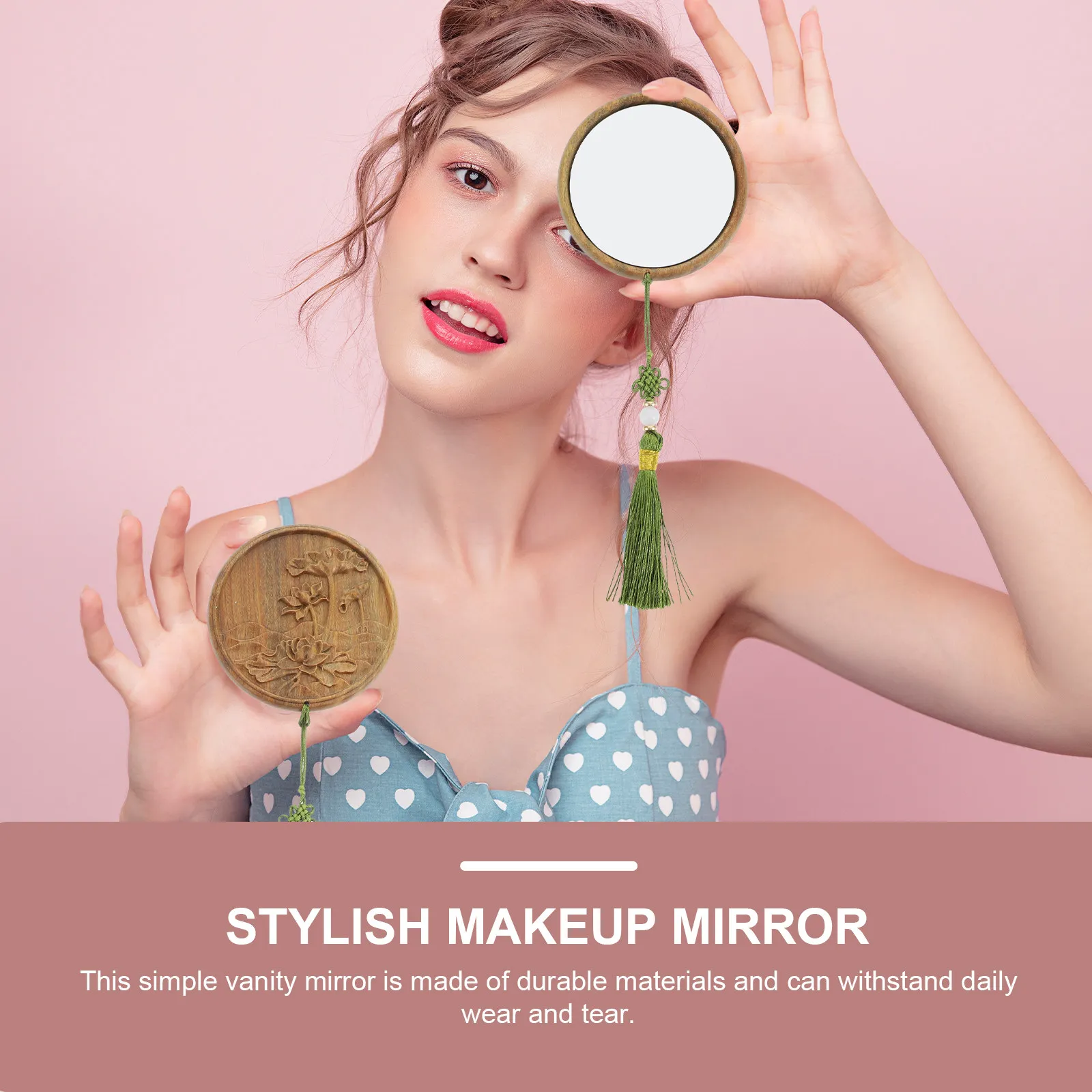 

Portable Small Wooden Carved Round Pendant Compact Makeup Mirror Pocket Cosmetics Mirror for Women Travel Use