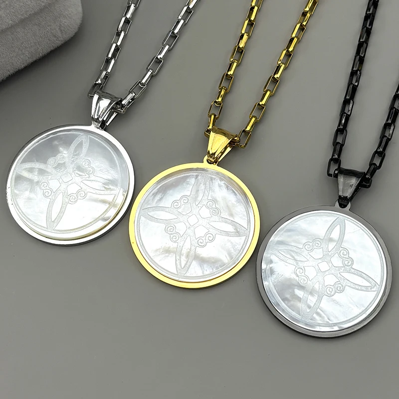 

Natural Shell Witch Knot Pendant Necklace for Women Men Stainless Steel Silver Color Wicca Pagan Magic Chain Amulet Jewelry