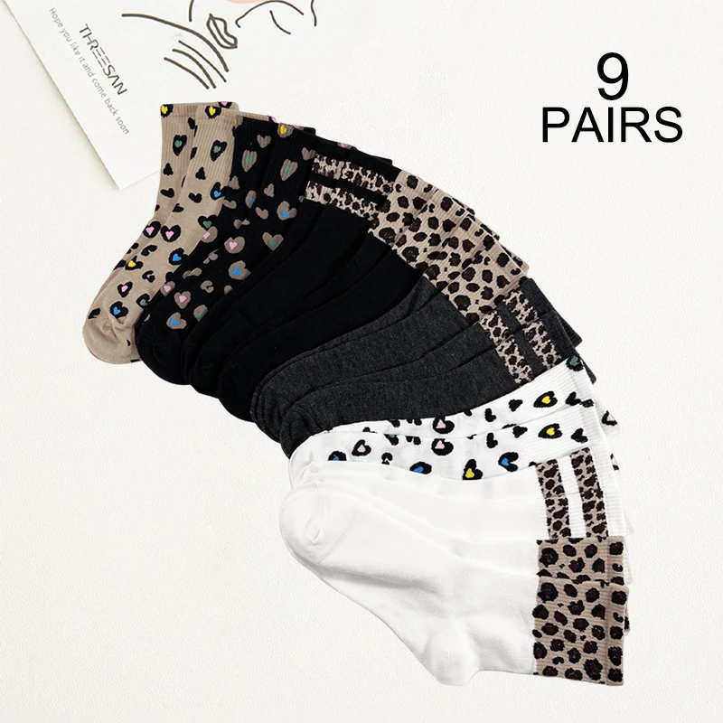 9 pairs of autumn and winter women\'s socks love leopard print cute mid-tube socks sweet cute women\'s socks