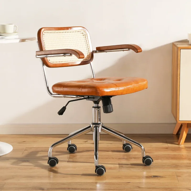 

Japanese Retro Office Chair Rattan Computer Chair Leather Desk Chair Swivel Lift Chairs Study Desk Chairs Office Home Furniture