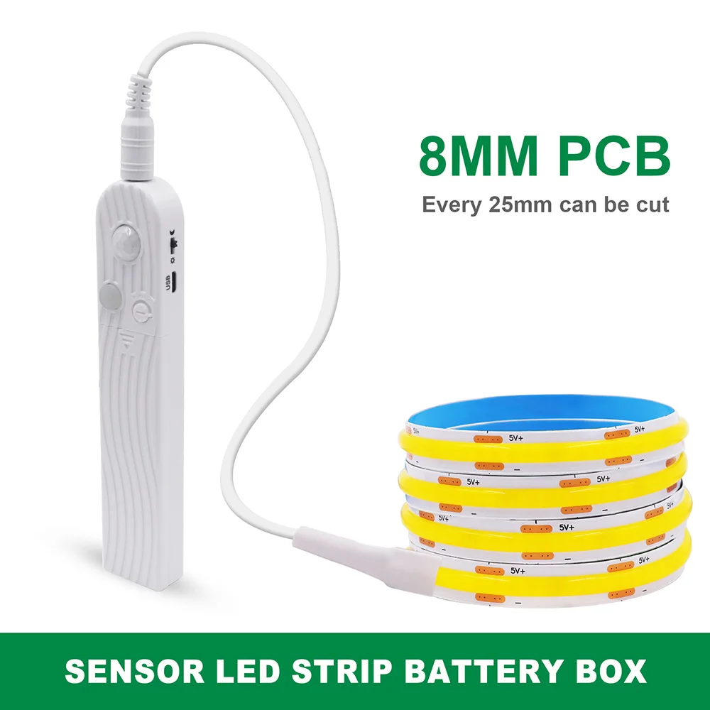 Czujnik ruchu COB Led Strip Light 5V Lampa indukcyjna DC Zasilana bateryjnie 320LEDs/m Elastyczna taśma Ciepły Biały Niebieski Czerwony Różowy RA90